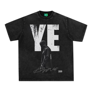 直喷印花圆领短袖 水洗做旧高街纯棉T恤宽松男潮 复古数码 侃爷美式