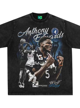 爱德华兹美式复古数码直喷印花圆领短袖水洗做旧高街纯棉T恤宽松