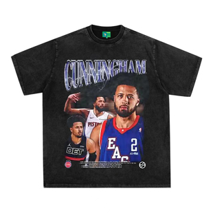 坎宁安美式复古数码直喷印花圆领短袖水洗做旧高街潮纯棉宽松T恤