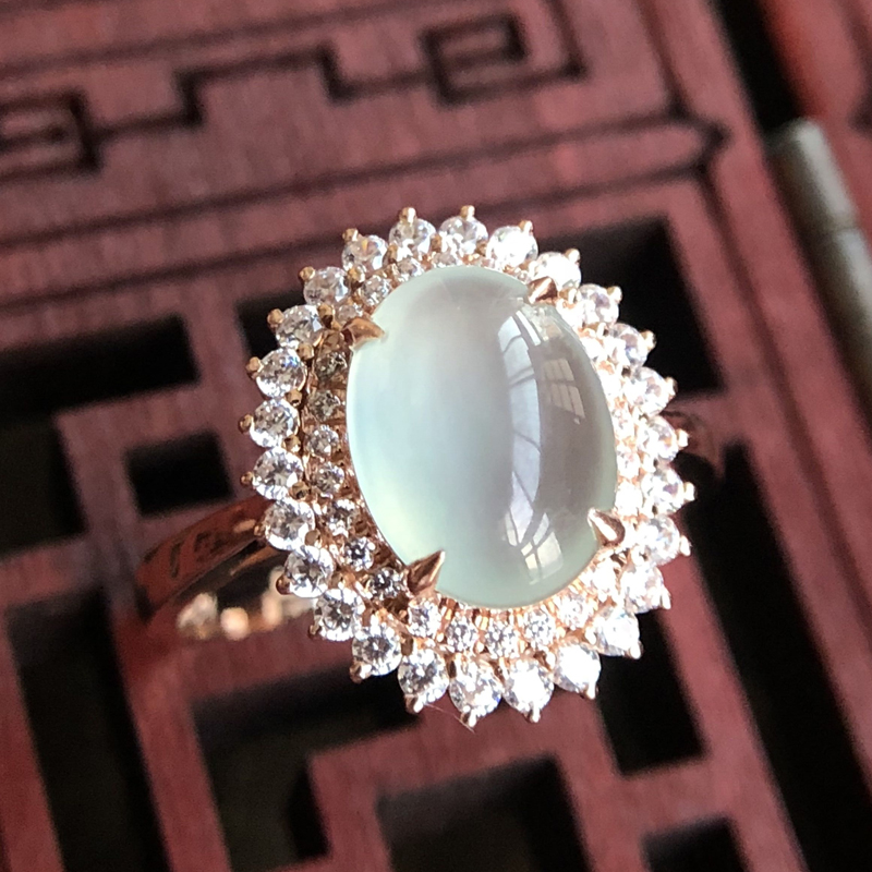 好翠缘 18k玫瑰金满钻镶嵌天然缅甸翡翠高冰蛋面戒 豪华设计戒指