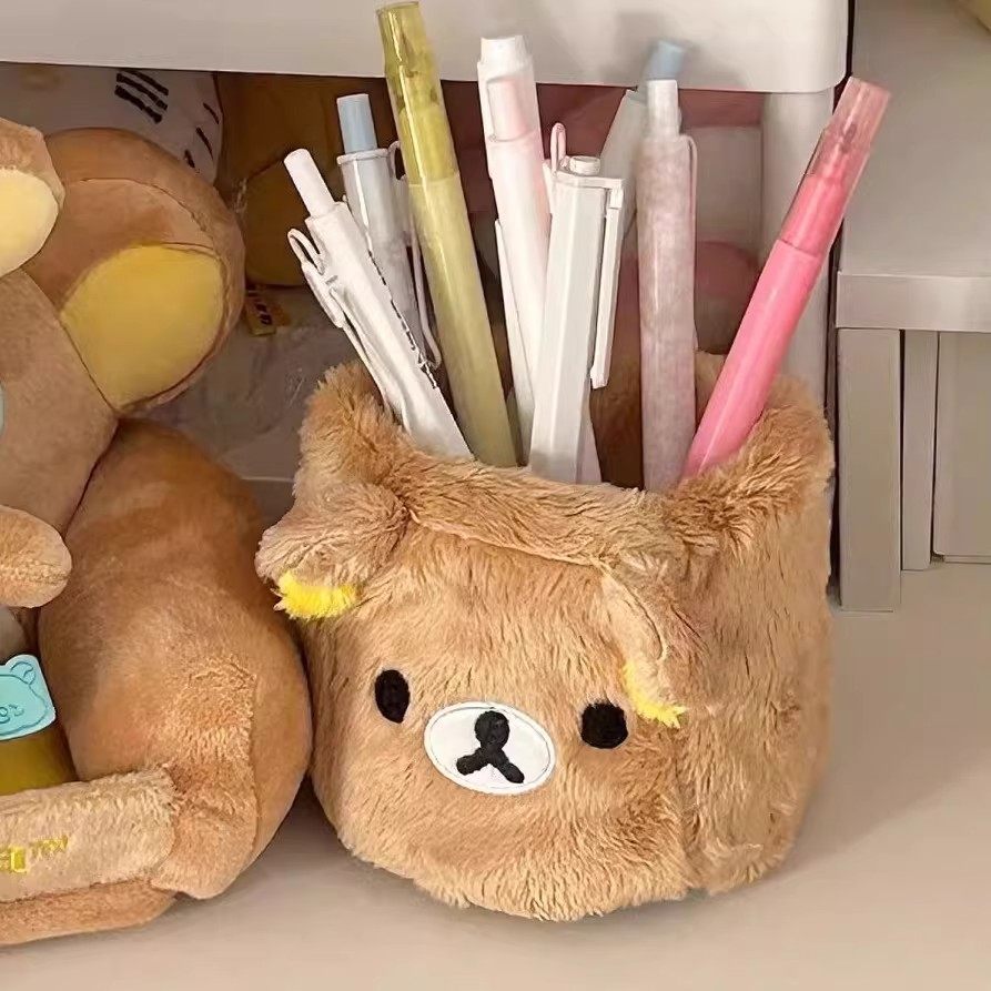日系轻松熊毛绒笔筒可爱卡通日系小熊收纳筒桌面置物杂物收纳盒