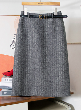 轻奢优雅秋冬人字毛呢半身裙女高腰显腿长直筒中长款小A条纹半裙