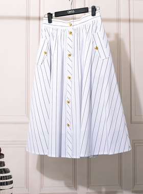 夏季长裙专柜品质新款法式休闲白色条纹半身裙英伦半裙伞裙口袋裙