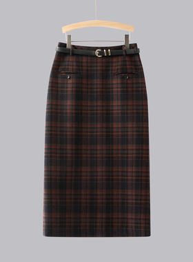 秋冬复古格子毛呢半身裙高腰羊毛通勤包臀裙女直筒开叉中长款半裙