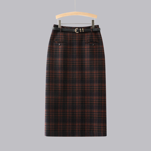 秋冬复古格子毛呢半身裙高腰羊毛通勤包臀裙女直筒开叉中长款半裙