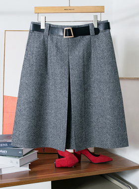 秋冬半身裙羊毛呢半裙百褶中裙高腰A字裙显瘦百搭知识分子裙女灰