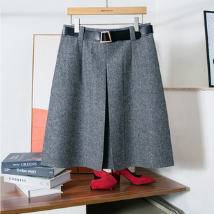 秋冬半身裙羊毛呢半裙百褶中裙高腰A字裙显瘦百搭知识分子裙女灰