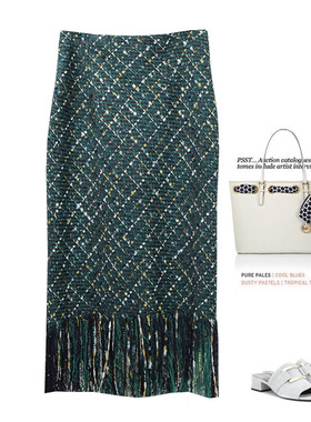 秋冬新品毛呢半身裙小香风粗花呢半裙气质名媛流苏长裙绿色包臀裙