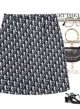 复古半身裙春夏灰色a字裙字母提花图案半裙花色短裙百搭显瘦裙子