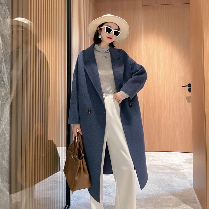 春装新品双面羊绒大衣女双排扣中长款通勤长袖羊毛呢外套2103