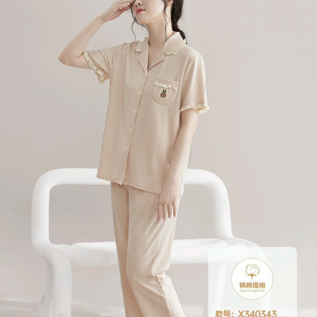 专柜正品 莎倩睡衣荷叶边格子翻领短袖开衫长裤家居服套装340343