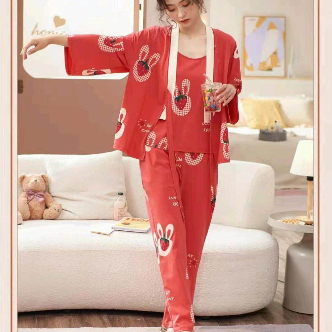 专柜正品 莎倩睡衣三件套和服式七分袖长裤吊带家居服套装310528