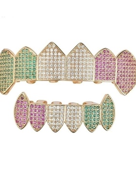 欧美跨境嘻哈说唱周边装备彩色微镶锆石钻尖牙套grillz大金牙闪耀