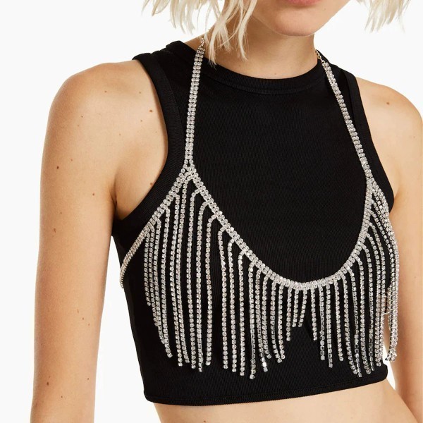 欧美新款时尚流苏闪钻胸链 性感夸张个性闪亮满钻背心身体链chain