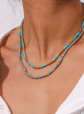 2024欧美时尚个性爆款饰品 不锈钢镀18K金色光面蓝松石珠子项链女