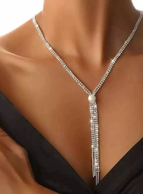 跨境爆款时尚珍珠长流苏水钻项链 女士个性百搭水晶锁骨链necklac
