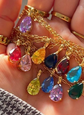 不锈钢！12月份礼物！欧美高保色水滴梨形彩色镶钻生辰石吊坠项链