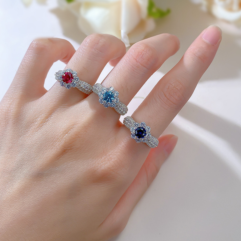 欧美跨境S925银日常精致小巧50分花苞仿真红蓝宝高碳钻戒指环女士