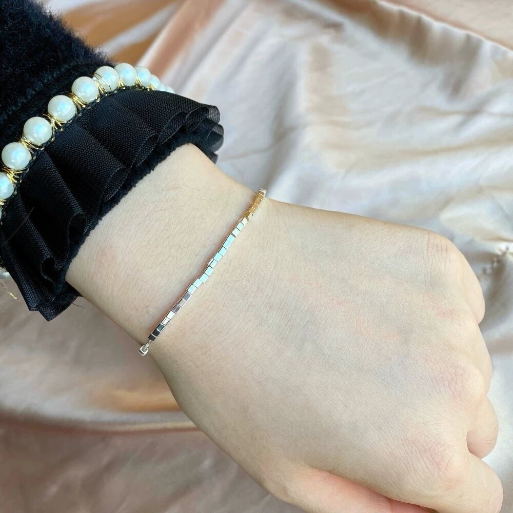 S925纯银小方块手链女简约个性方管几何手环可调节几两碎银子手串