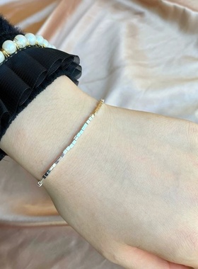 S925纯银小方块手链女简约个性方管几何手环可调节几两碎银子手串