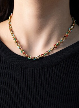 复古油画风ins百搭小众个性项链 冷淡风彩色钛钢不掉色锁骨链