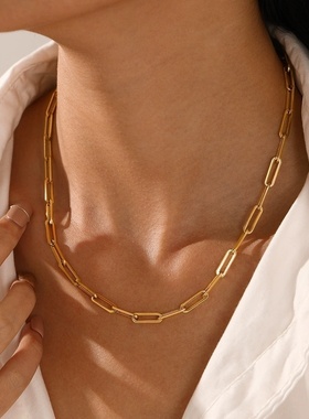 不锈钢！高保色！欧美跨境博主同款钛钢项链长方环链条锁骨链颈链