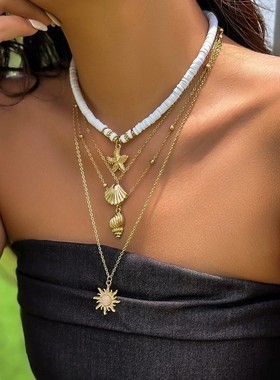欧美跨境饰品 海洋风贝壳海螺流苏多层项链 叠戴软陶片海星项饰女