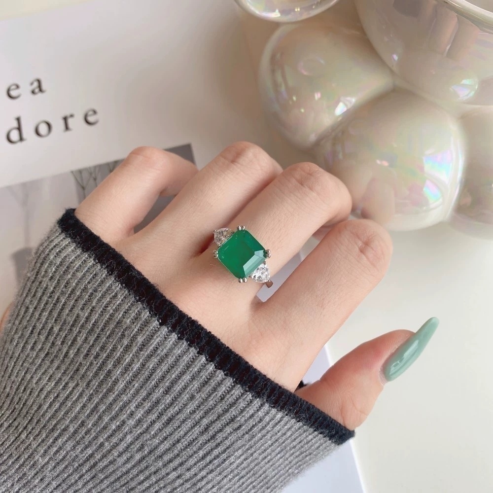 欧美时尚s925纯银高碳钻戒指女10*10仿真钻祖母绿钻戒亚马逊热卖