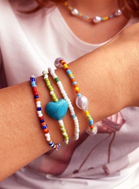 欧美风人造珍珠爱心弹力手链