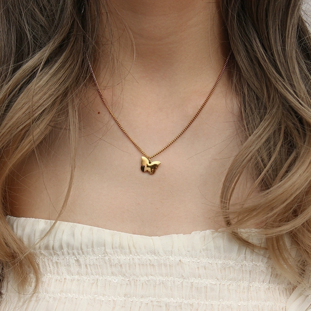 欧美ins摩登个性流行项坠饰品女 小众潮流不锈钢光面蝴蝶吊坠项链