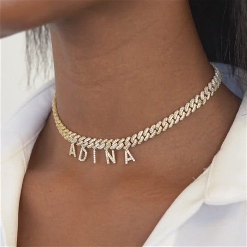 可定制！欧美嘻哈精致水钻镶钻英文字母挂坠古巴链项链性感锁骨链