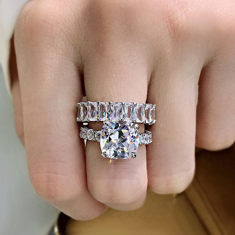 欧美经典2024新款S925银戒指祖母绿切割女式套戒欧美风跨境