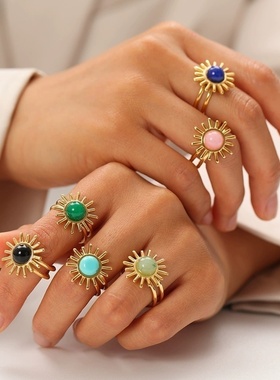 跨境亚马逊ins手饰绿松石复古新品戒指女不锈钢开口戒指饰品