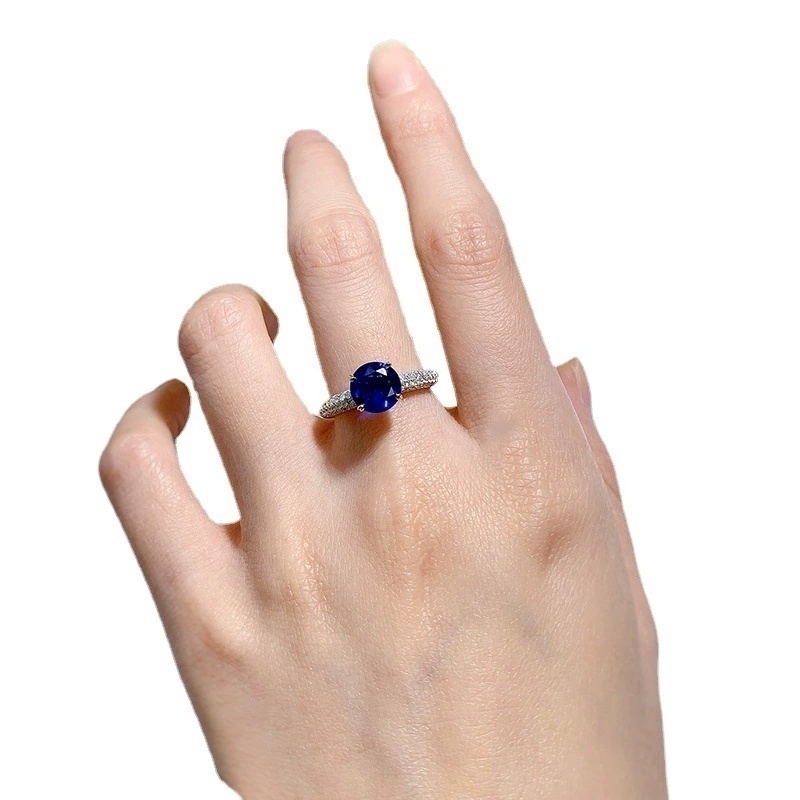 经典气质2024新款S925银一克拉仿海蓝宝戒指环豪华围镶欧美戒指女