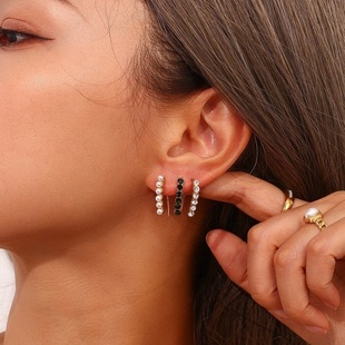 欧美ins摩登简约潮流耳圈耳钉饰品 不锈钢单侧镶锆鱼钩造型耳环女