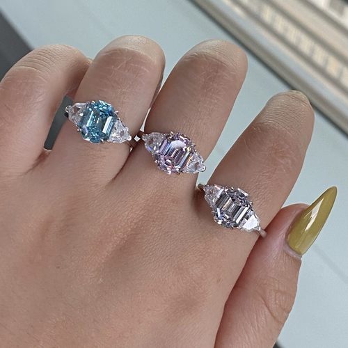 欧美s925纯银高碳钻戒指8*10祖母绿切割抖音直播仿真海蓝宝石指环