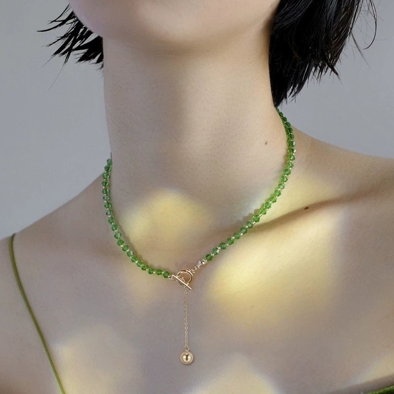 欧美跨境祖母绿色项链气质流苏锁骨原创设计气质锁骨链新款颈链