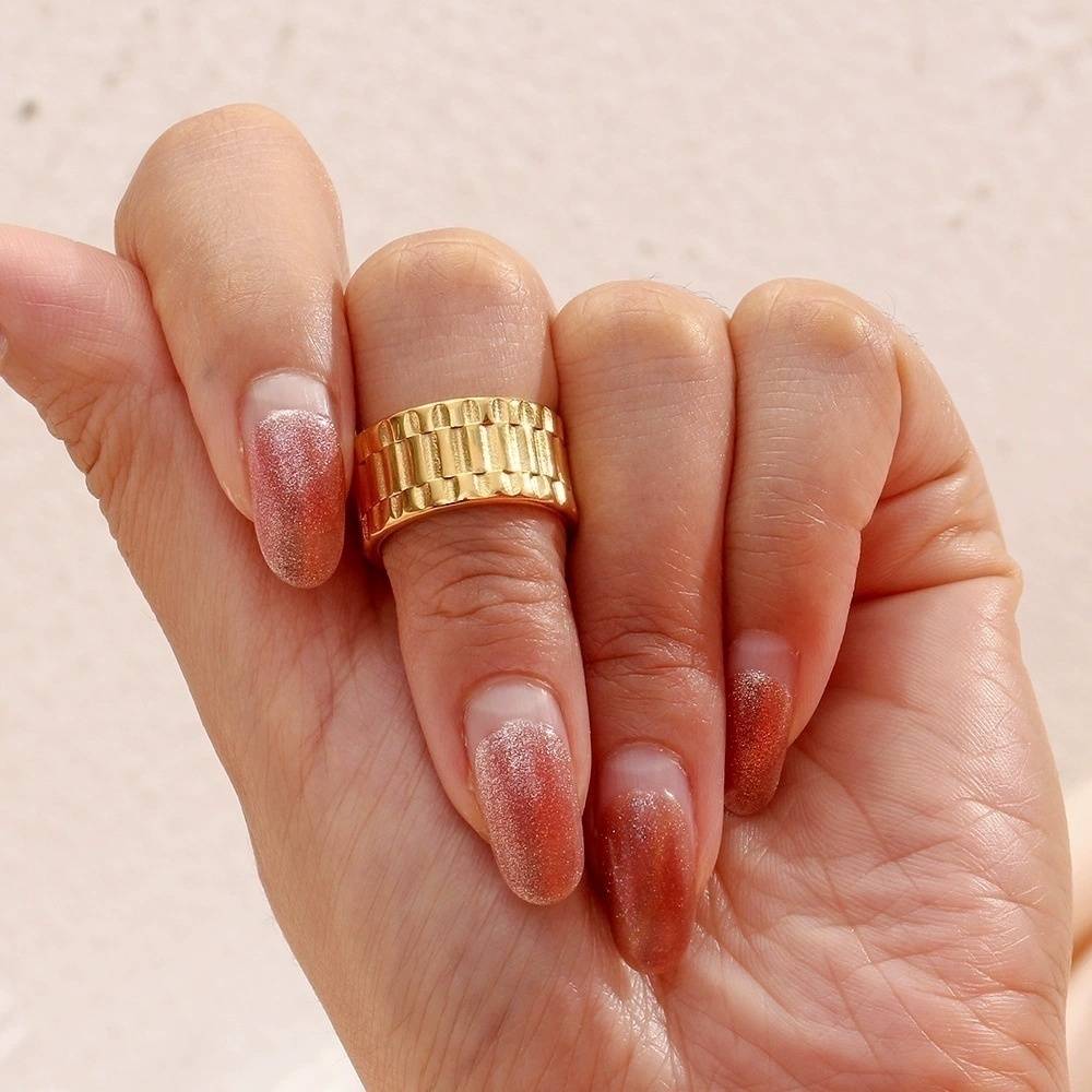 欧美流行个性指环饰品 潮流摩登气质感不锈钢镀18K金色表带纹戒指