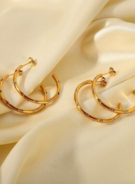 欧美摩登复古INS风18K金不锈钢大C型镶彩色锆石耳圈白色锆石耳环