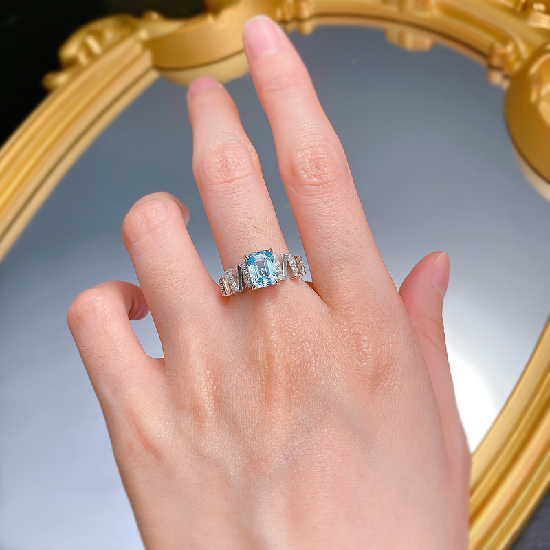 欧美经典S925银6*8长方车平浅海蓝色戒指高碳钻仿真海蓝宝钻戒女