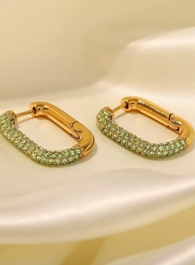 欧美ins新款18k镀金浅绿色满钻U形不锈钢耳环潮流摩登百搭耳饰