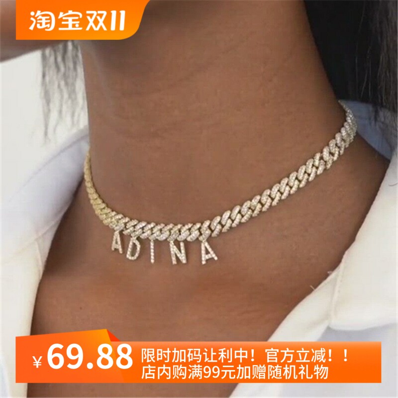可定制!欧美嘻哈精致水钻镶钻英文字母挂坠古巴链项链性感锁骨链