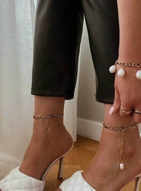 欧美INS18k镀金不锈钢费加罗链手链 淡水巴洛克式6珍珠下垂手链女