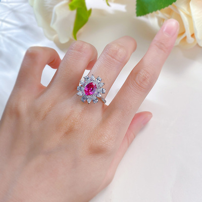 欧美跨境经典款珠宝2024新款玫红色高碳钻6*8mm椭圆宝石戒指女士