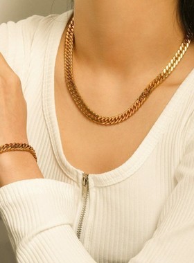 欧美摩登风8.4MM厚实金古巴链女士项链18K镀金不锈钢链式项链饰品