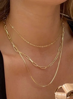 INS欧美复古风18K 镀金回形针盒链分层项链不锈钢链环三层项链女
