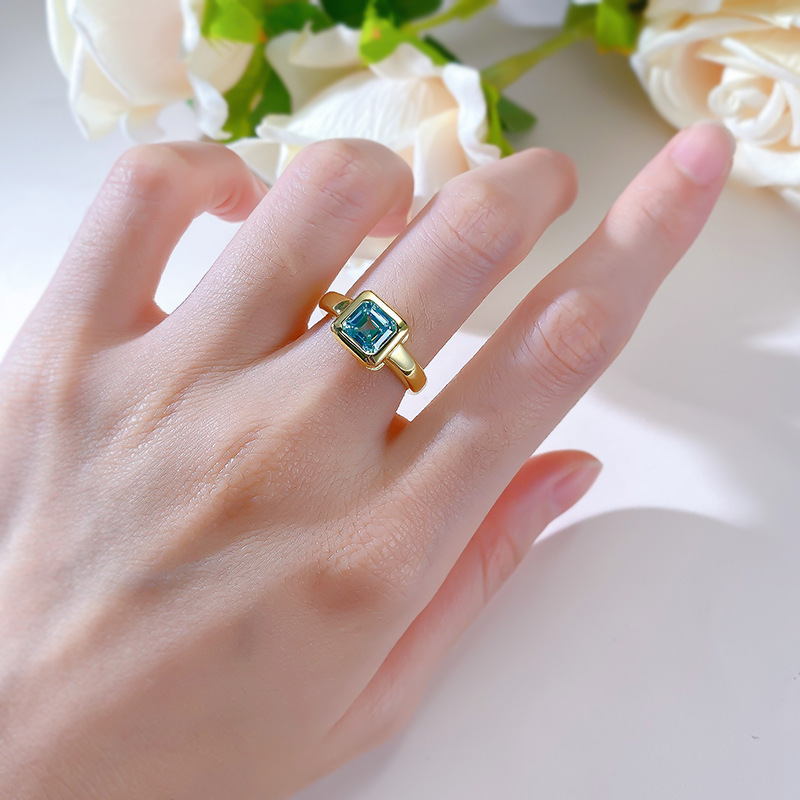 欧美经典款S925银阿斯切7*7mm高碳钻仿真海蓝色方形戒指环简约女