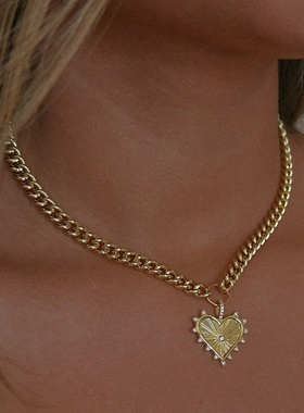 欧美hiphop嘻哈夸张朋克风古巴链爱心吊坠嵌锆石项链粗项链chain