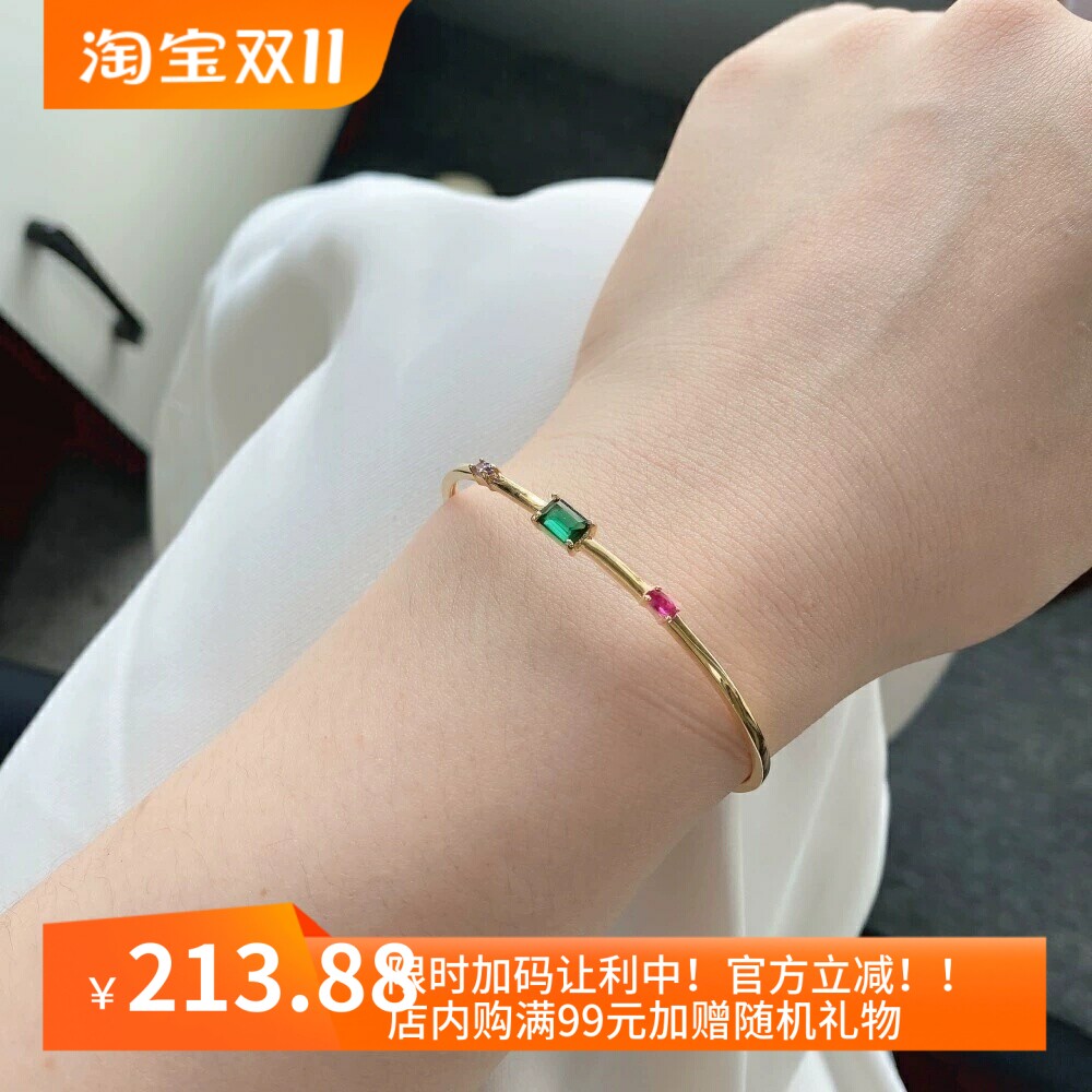 s925纯银开口手镯祖绿宝石女士手链跨境摩登几何型手环银饰