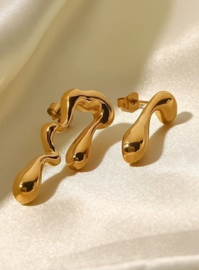 18k镀金不锈钢不规则水滴形状设计耳钉INS女性摩登百搭几何款耳环